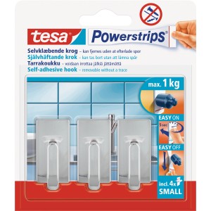 Tesa Chrom Klebehaken, 3er-Set mit Powerstrips Small, eckig, für Küche & Bad.