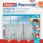 Tesa Chrom Klebehaken, 3er-Set mit Powerstrips Small, eckig, für Küche & Bad.
