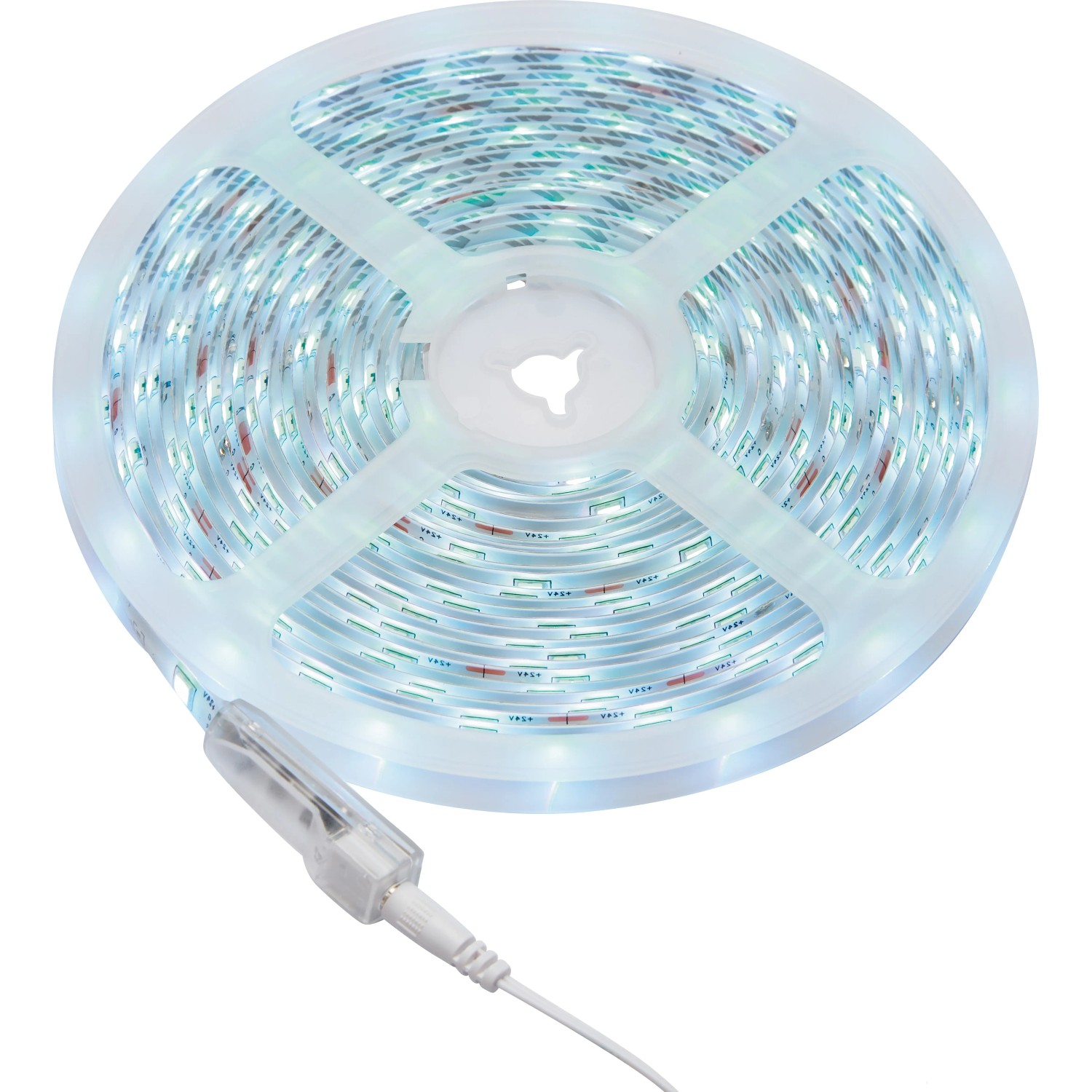 Aufgerolltes 10 m LED-Flexband RGB mit Fernbedienung. LED-Streifen mit Anschlusskabel.