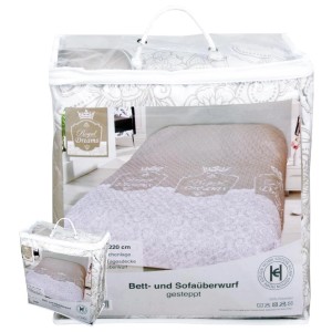 Bestlivings Tagesdecke Royal Dreams, verpackt. Gesteppter Bett- und Sofaüberwurf in Weiß und Beige.