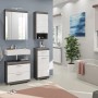 Badezimmer-Set mit Spiegelschrank, Waschbeckenunterschrank und Hochschrank in Weiß-Rauchsilber Optik.
