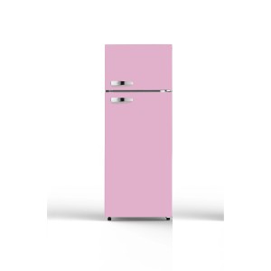 Pinke PKM Kühl-Gefrierkombination GK210-2 SP mit silbernen Griffen.