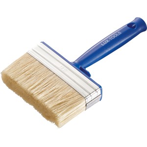 LUX Flächenstreicher Dispersion, 120mm breit, mit blauem Kunststoffgriff und hellem Borstenfeld.