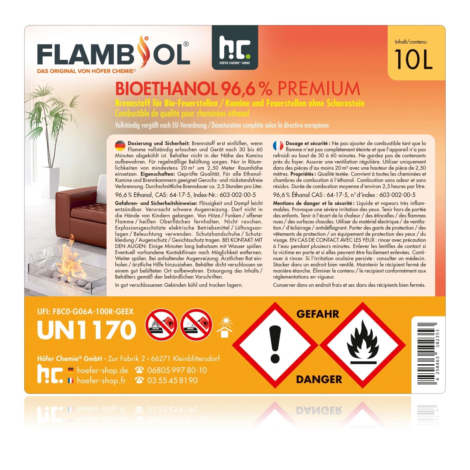 6 Kanister Flambiol Bioethanol 96,6% Premium, je 10l, für Ethanolkamine.
