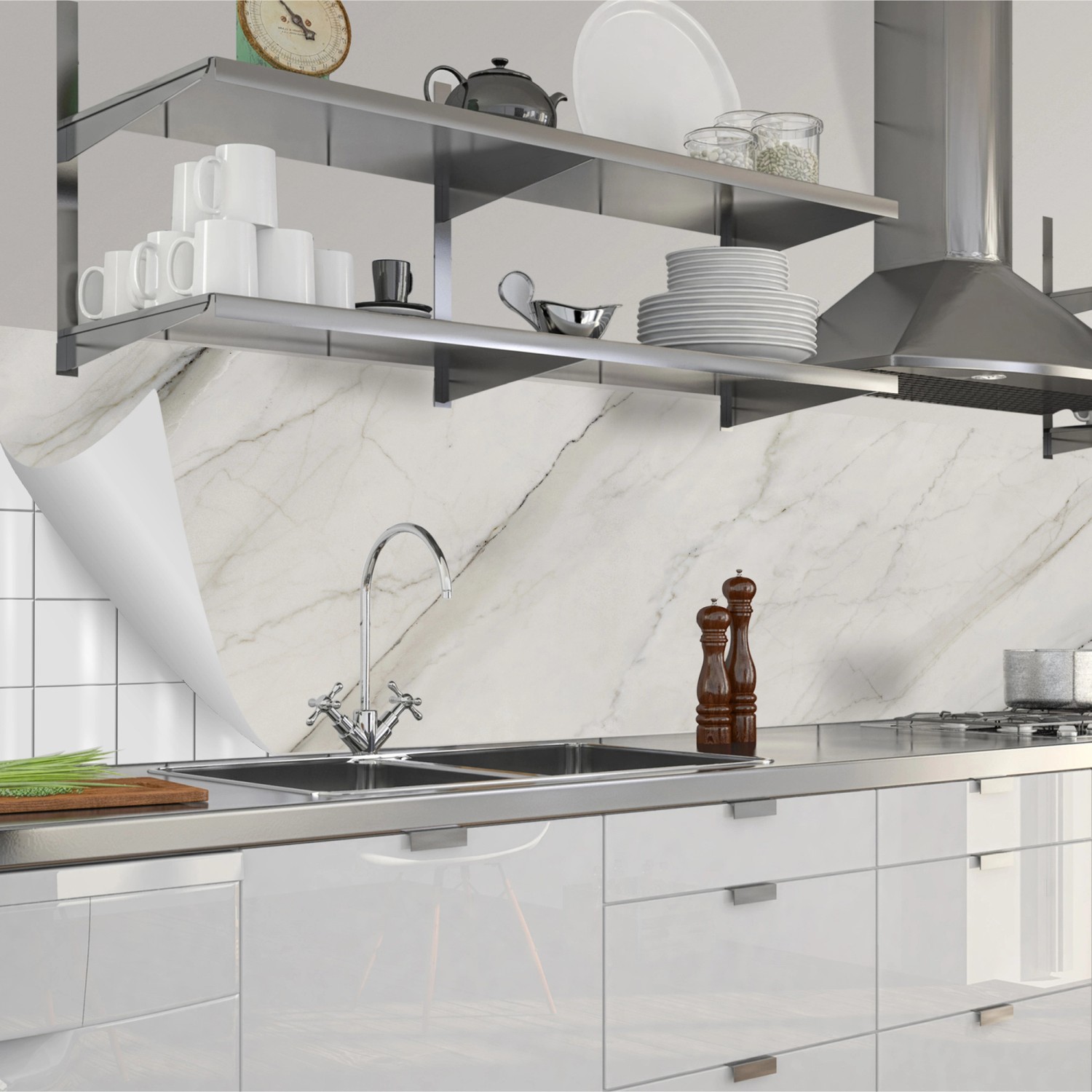 Beige Küchenrückwandfolie Kylie (280x60cm) selbstklebend mit Marmor-Optik in Küche.