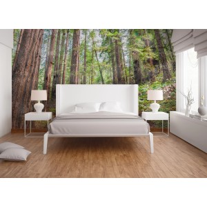 Fototapete Wald in Grün, Braun und Blau (3,50 m x 2,55 m) im Schlafzimmer.