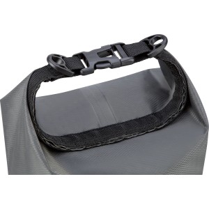 Graue, wasserdichte 10L Tasche für Camping mit Tragegurt und Verschluss.
