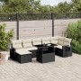Schwarze 8-tlg. vidaXL Garten-Sofagarnitur aus Rattan mit cremefarbenen Kissen und Tisch.
