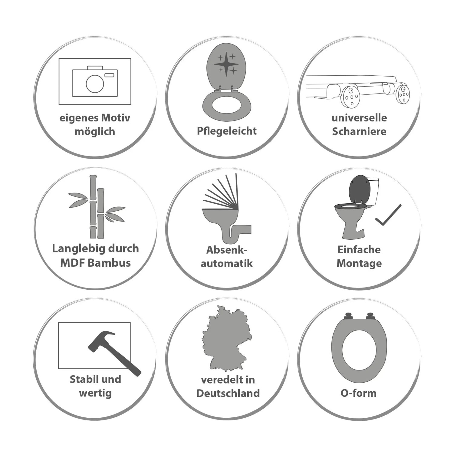 Piktogramme zu Eigenschaften des WC Sitzes: Motiv, Pflege, Scharniere, Bambus, Absenkautomatik, Montage, Stabilität, Herkunft, Form.