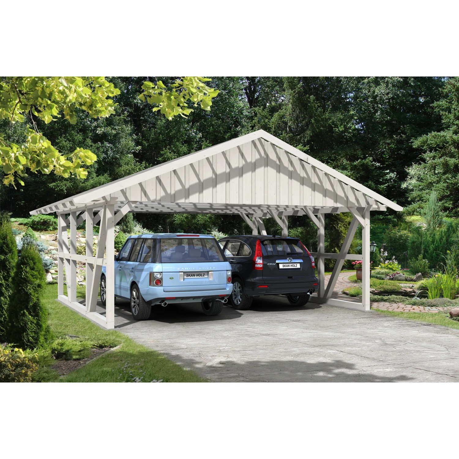 Weißer Skan Holz Carport Schwarzwald mit Dachlattung für zwei PKW im Garten.