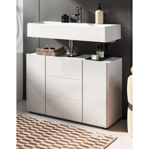 Inn.Furn Waschbeckenunterschrank Larik, 80 cm, Weiß Hochglanz mit drei Türen und Stauraum.