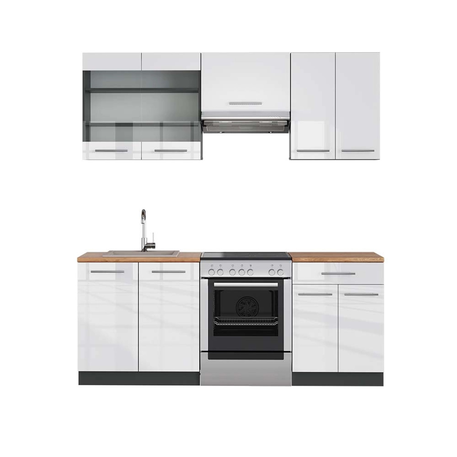 Vicco Fame-Line Küchenzeile Weiß Hochglanz/Anthrazit 200 cm AP Eiche günstig online kaufen