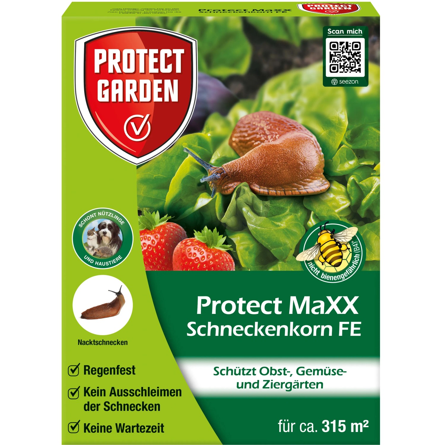 Protect Garden Protect MaXX Schneckenkorn FE 1,2kg Packung mit Schnecken auf Salat und Erdbeeren.