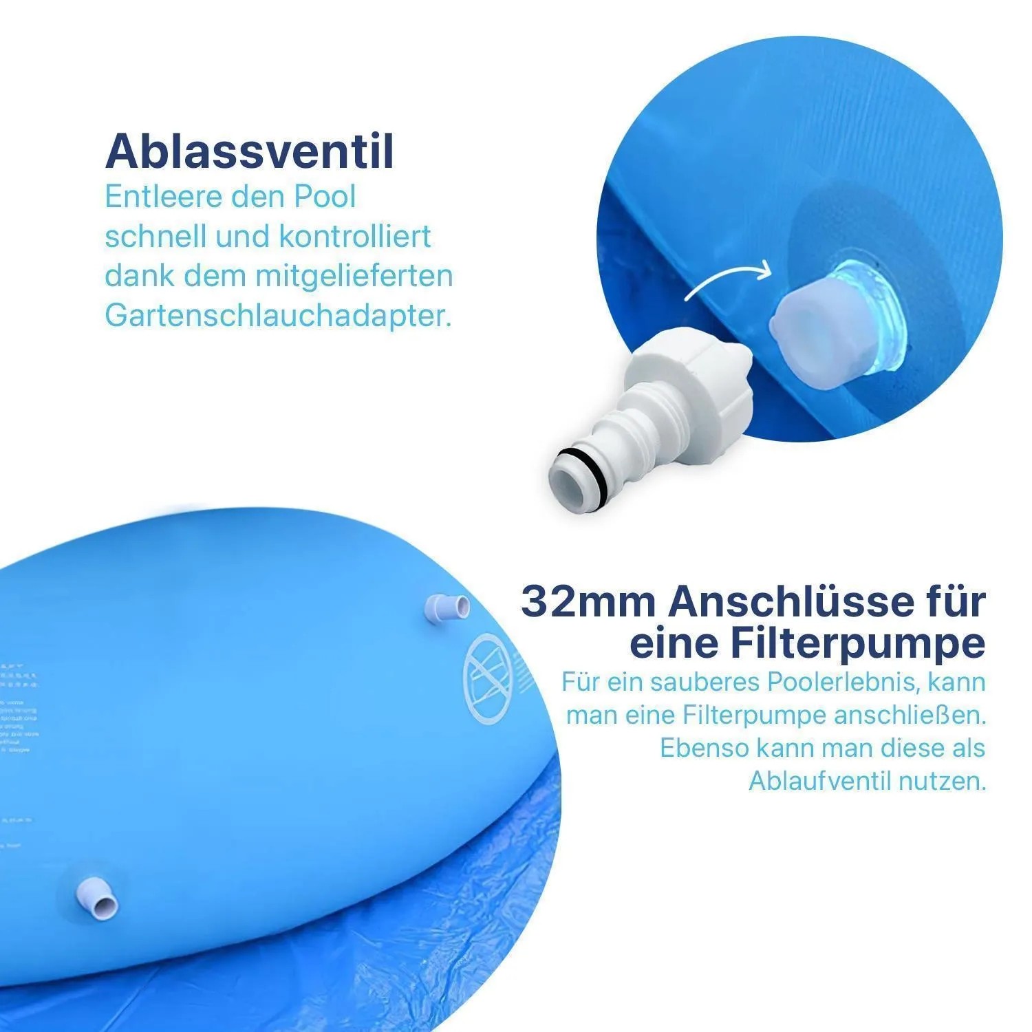 Detailaufnahme Avenli Frame Pool: Ablassventil und 32mm Anschluss für Filterpumpe.