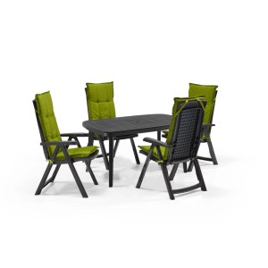 Shaf Milano 5-tlg. Outdoor-Essgruppe, anthrazit mit grünen Madison Kissen.