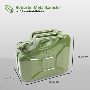 TRUTZHOLM 1x Benzinkanister Metall 10 Liter Mit Ausgießer Und Halter Oliv