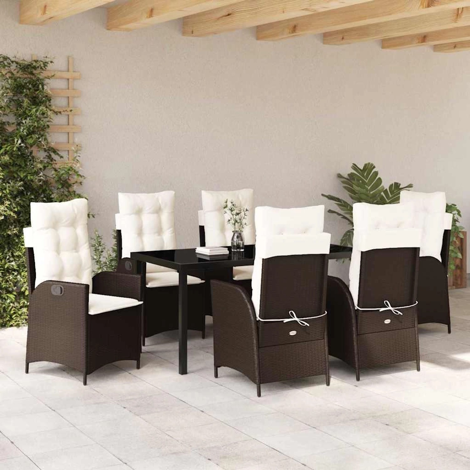 Braune 7-tlg. vidaXL Garten Essgruppe aus Polyrattan mit Tisch und Stühlen mit Auflagen.