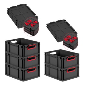 PROREGAL Sparset: 5 Euroboxen Nextgen Color mit Deckel, 16L, schwarz mit roten Griffen. Stapelbare Transportboxen.