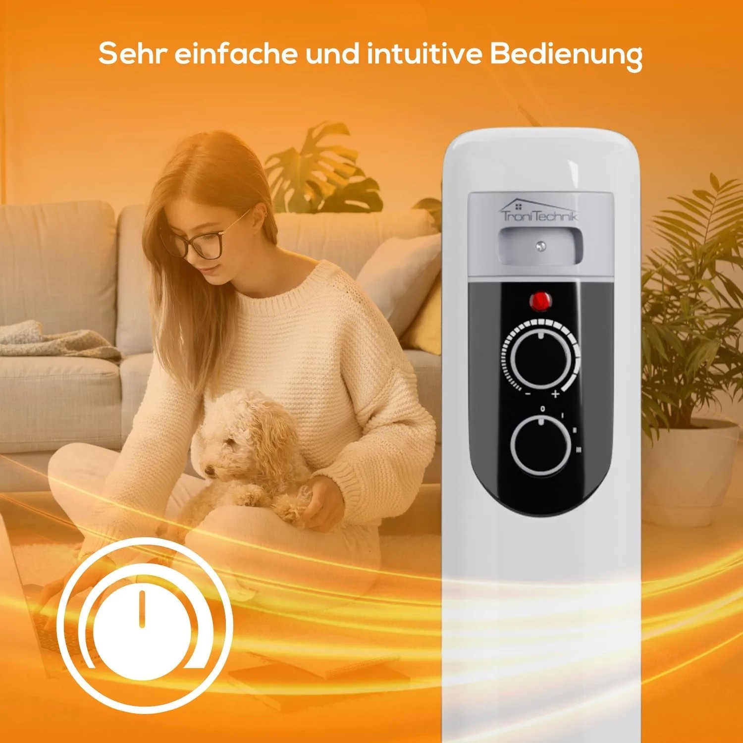 TroniTechnik Ölradiator TT-OR 111, 2500W, 11 Rippen, mit Frau und Hund im Wohnzimmer.