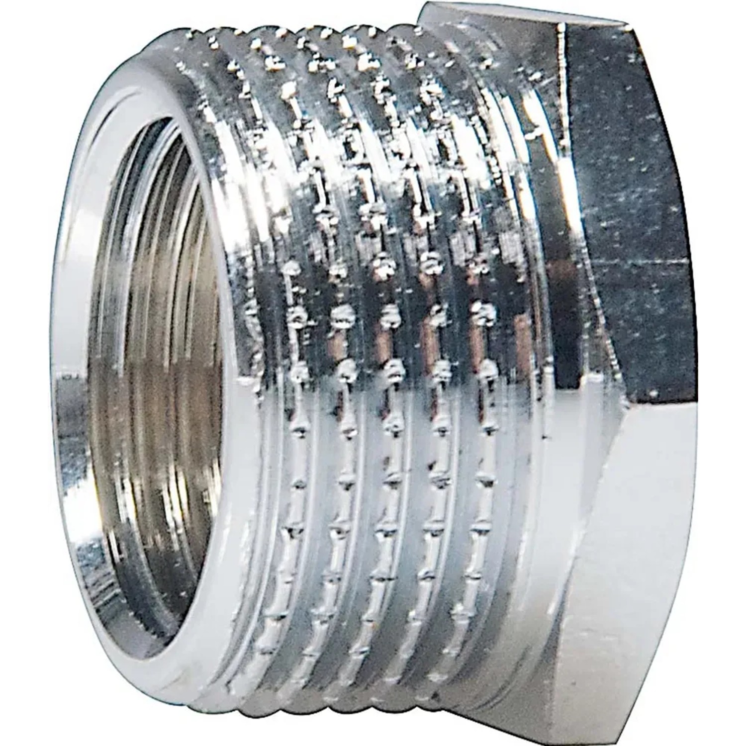 Verchromtes Gewinde-Reduzierstück aus Messing, 14,9 mm auf 26,4 mm, für Heizung und Trinkwasser.