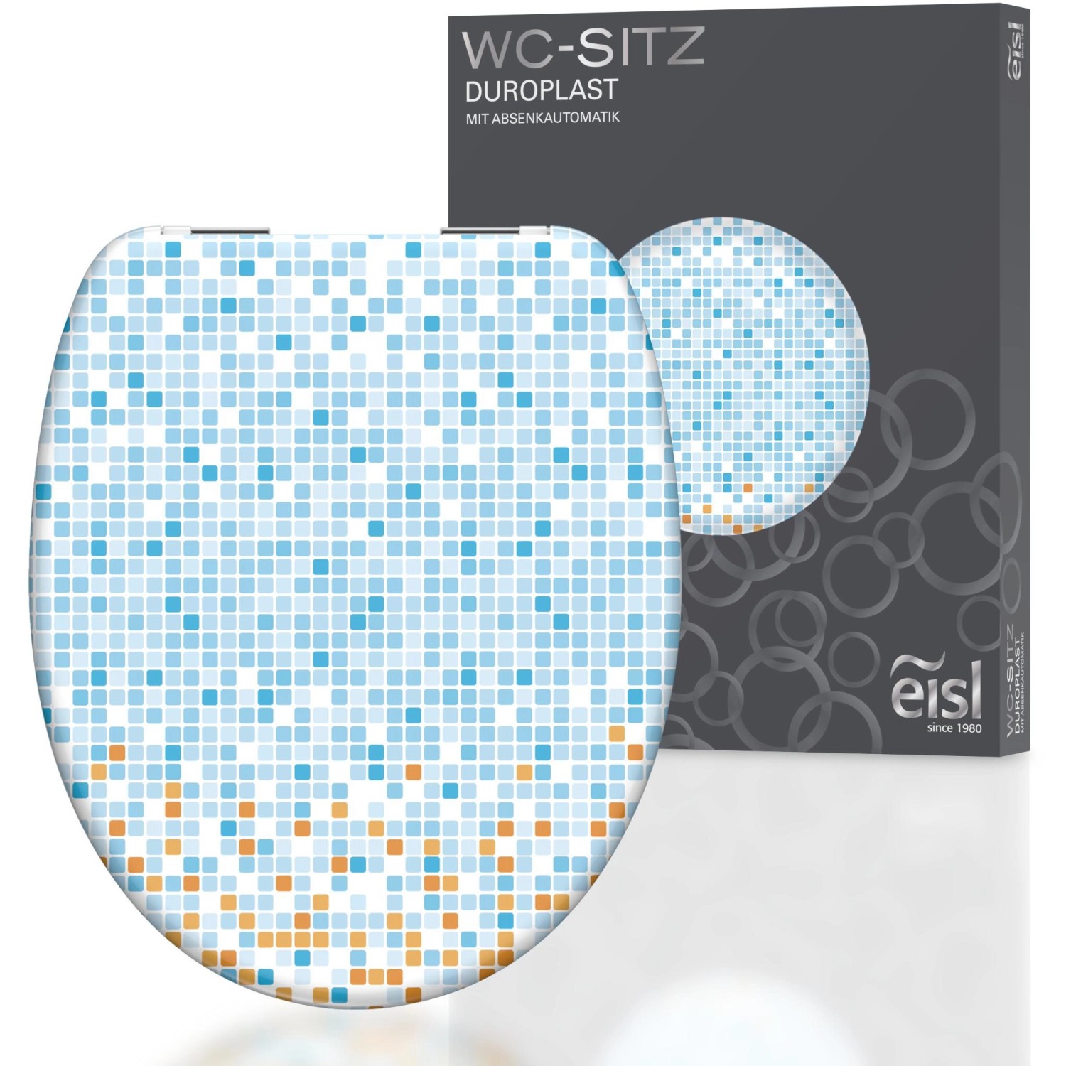 Eisl WC-Sitz Duroplast Mosaik blau-orange mit Absenkautomatik, Ansicht von vorne.