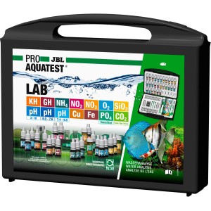 JBL ProAquaTest Lab Wassertestkoffer für Süßwasser-Aquarien, mit Tests und Zubehör im schwarzen Koffer.