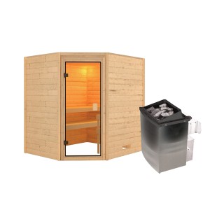 Karibu Elea Sauna Set naturbelassen mit 9 kW Ofen und integrierter Steuerung.