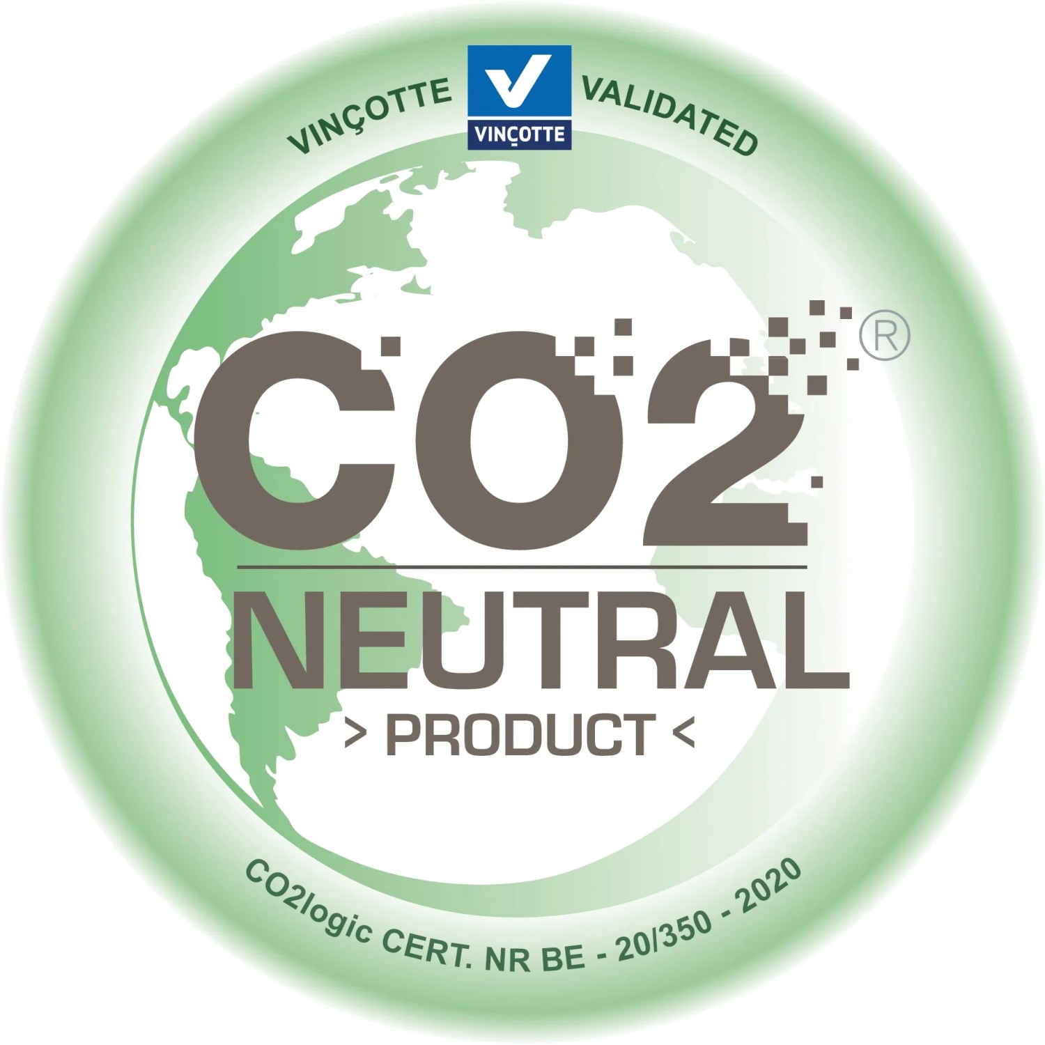 Globus-Symbol mit "CO2 NEUTRAL PRODUCT"-Text und Validierungszeichen.
