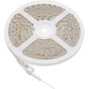 Aufgerolltes LED-Flexband RGB 10m auf einer weißen Spule mit Anschlusskabel.