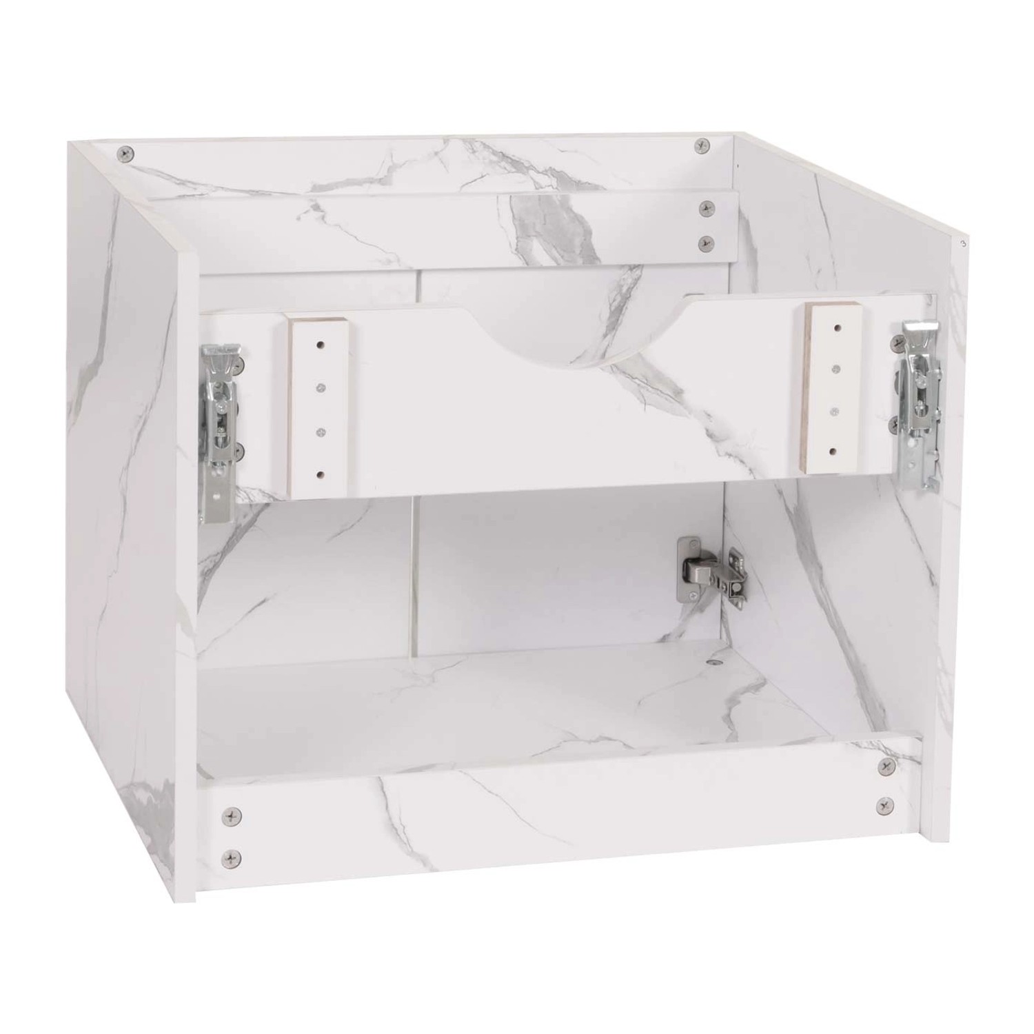 MCW Waschbeckenunterschrank L86 in Marmor-Optik Weiß, offene Ansicht.