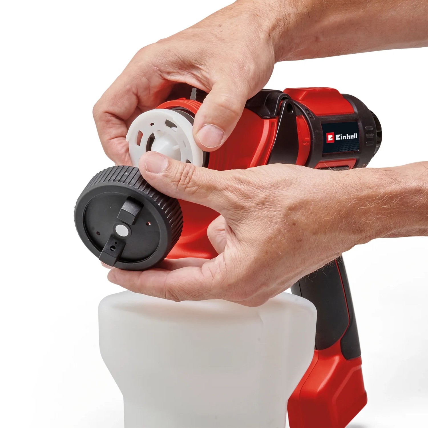 Einhell Akku Airbrush TE-SY 18/90 Li Solo Farbsprühgerät mit Behälter und Hand.