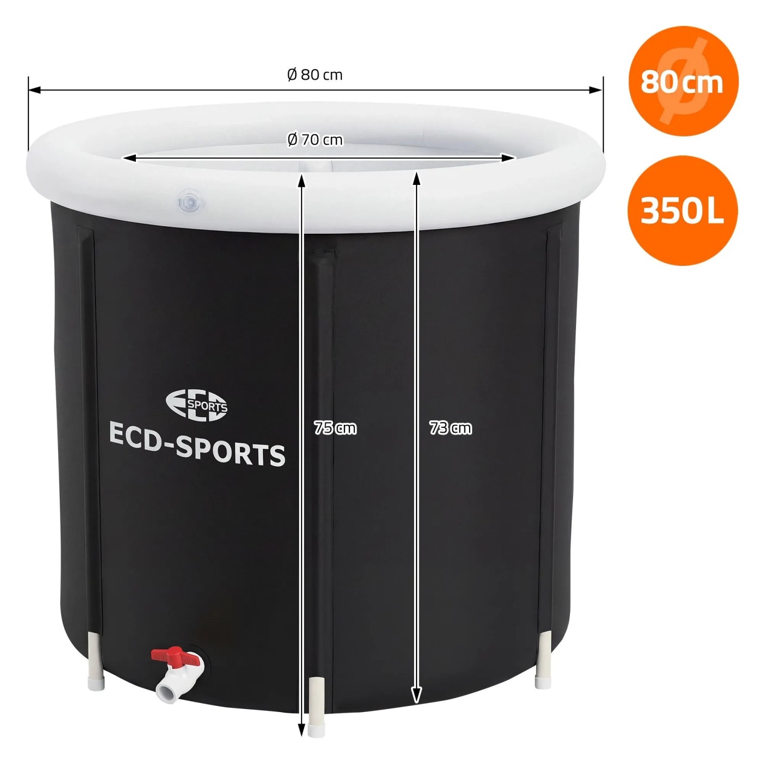 ECD Germany Eisbad, Ø80cm, 350L, schwarz-weiß, aus Oxford-Gewebe. Mobile Kältetherapie für Zuhause und unterwegs.