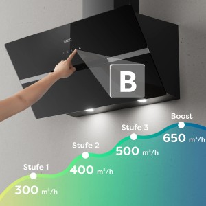 Schwarze CIARRA Dunstabzugshaube mit Touch-Bedienung und Leistungsstufen-Grafik.