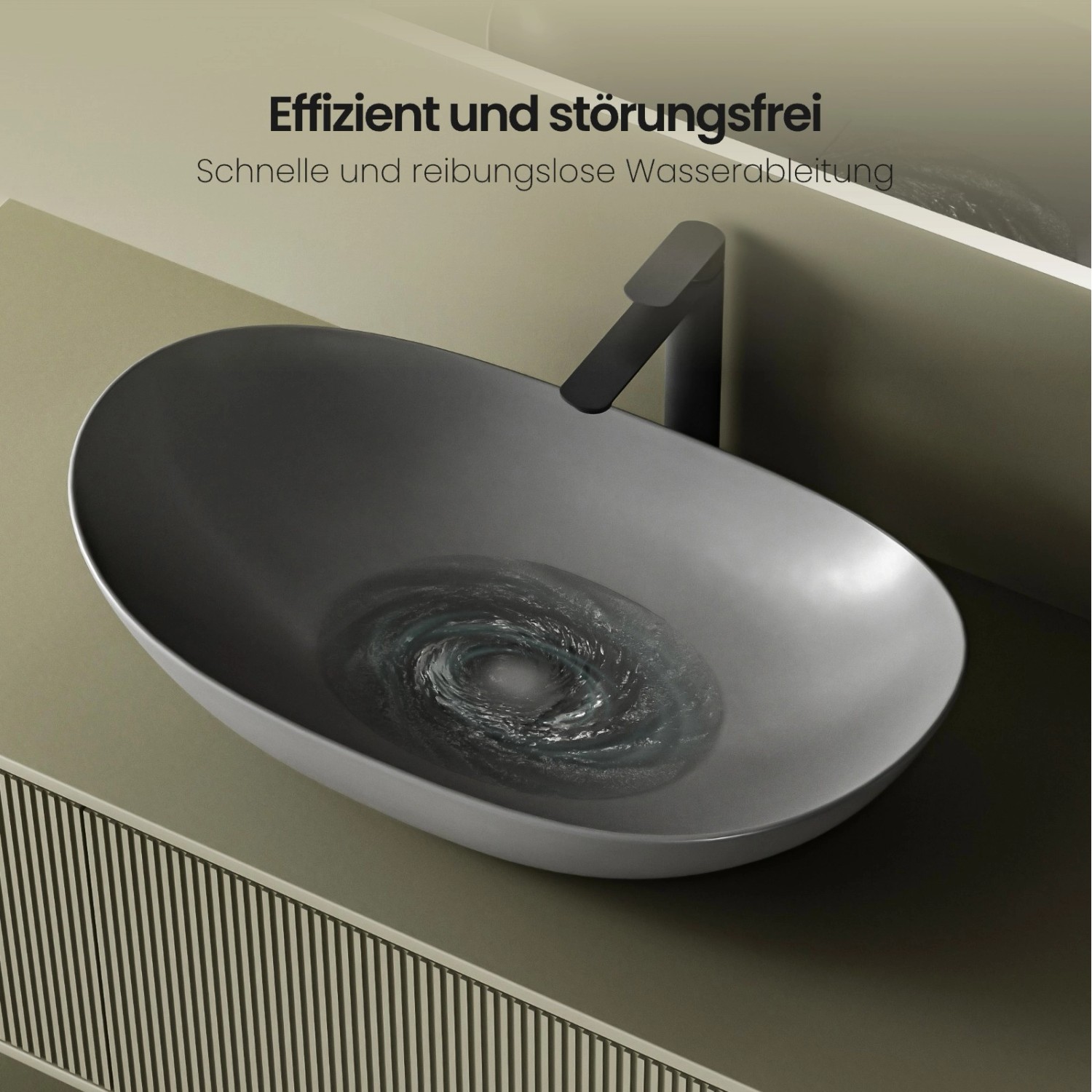 Mattgraues Emke Aufsatzwaschbecken, ovales Keramikwaschbecken im modernen Badezimmer.