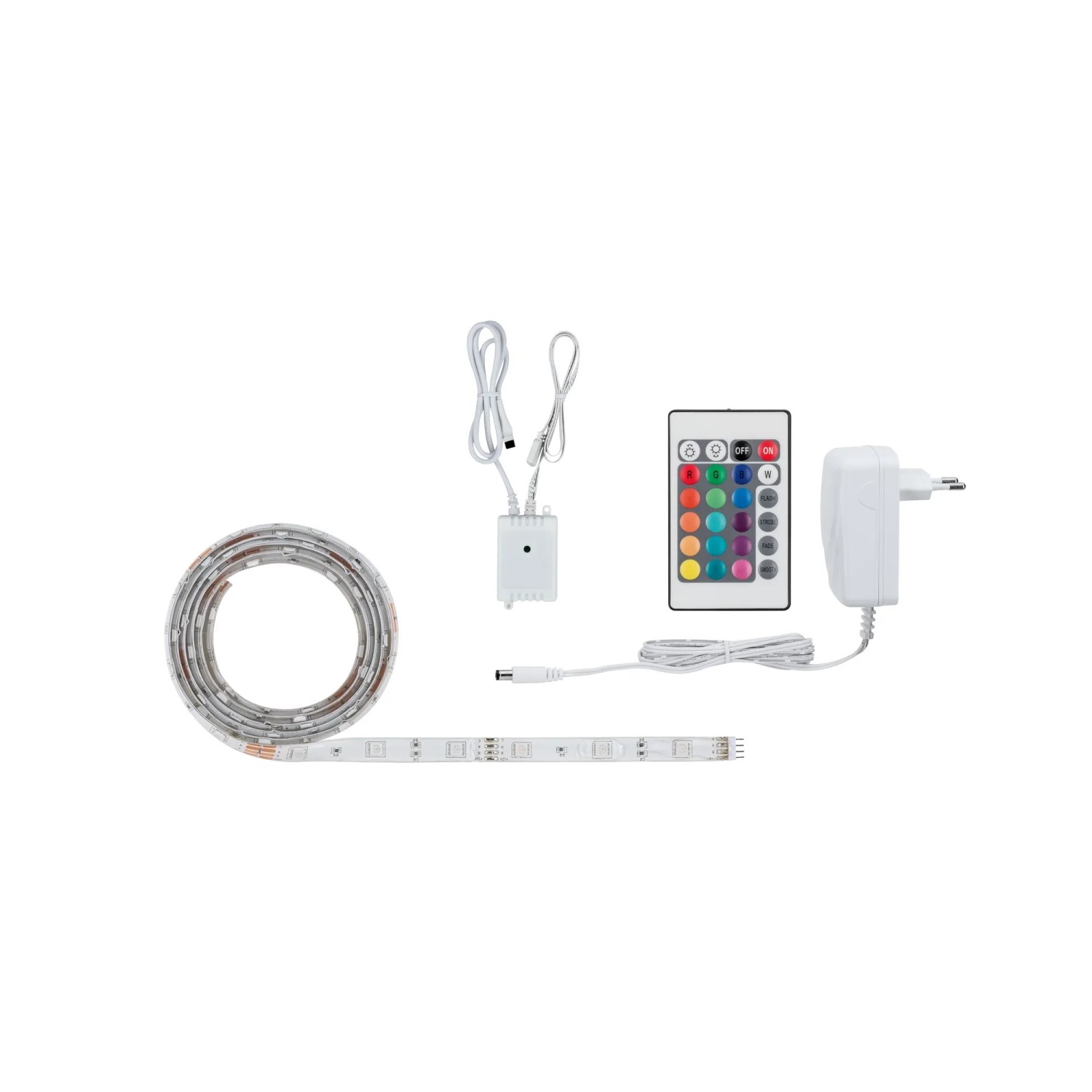 Paulmann SimpLED Strip 1,5m RGB Set mit Fernbedienung, Netzteil und LED Band aufgerollt.