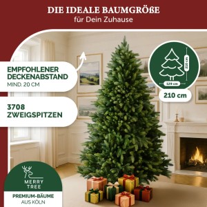 Großer, künstlicher Merry Tree Weihnachtsbaum (210 cm) mit Holzfuß und Geschenken im Wohnzimmer.