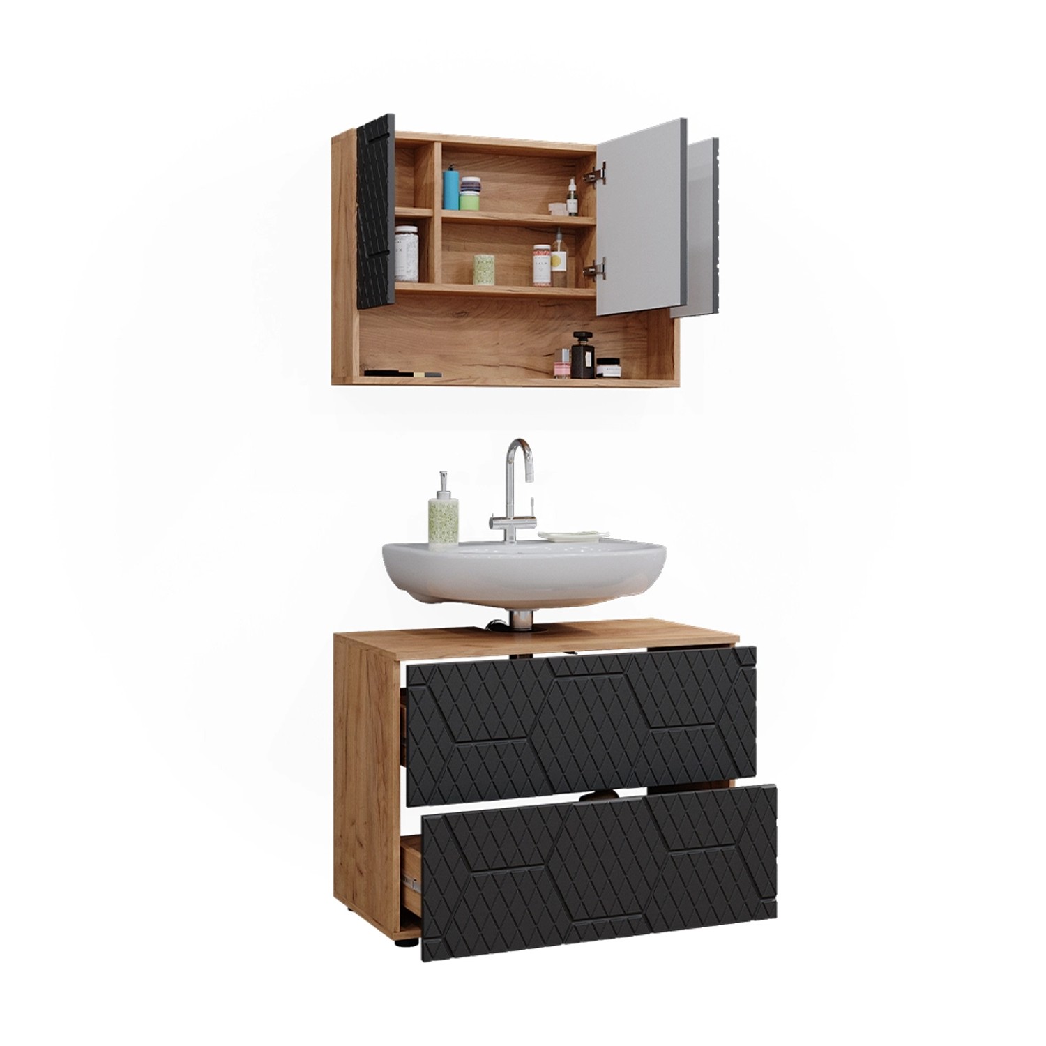 Vicco Badmöbel-Set Irma, Eiche/Anthrazit, 2-teilig mit Unterschrank und Spiegelschrank.