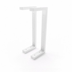 Zwei weiße, L-förmige HEVVA LAHN Metallhalterungen, 15 cm tief, für Waschtische oder Regale zur Wandmontage.