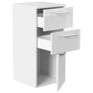 Posseik Midischrank, 75 cm, Weiß Hochglanz mit zwei Schubladen und einer Tür geöffnet.