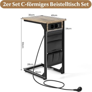 Costway 2er Set C-Form Beistelltische mit Steckdosen und USB-Anschlüssen, rustikal braun.