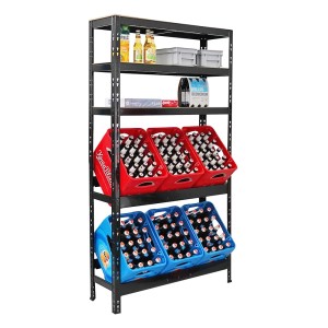 Schwarzes PROREGAL Getränkekistenregal Bodensee mit 6 Kisten und 3 Ablagen, freistehend.