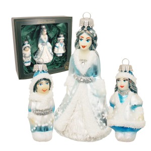 Krebs Glas Lauscha Weihnachtsornamente Schneekönigin, 3-teiliges Set aus Glas, weiß, blau und silber.