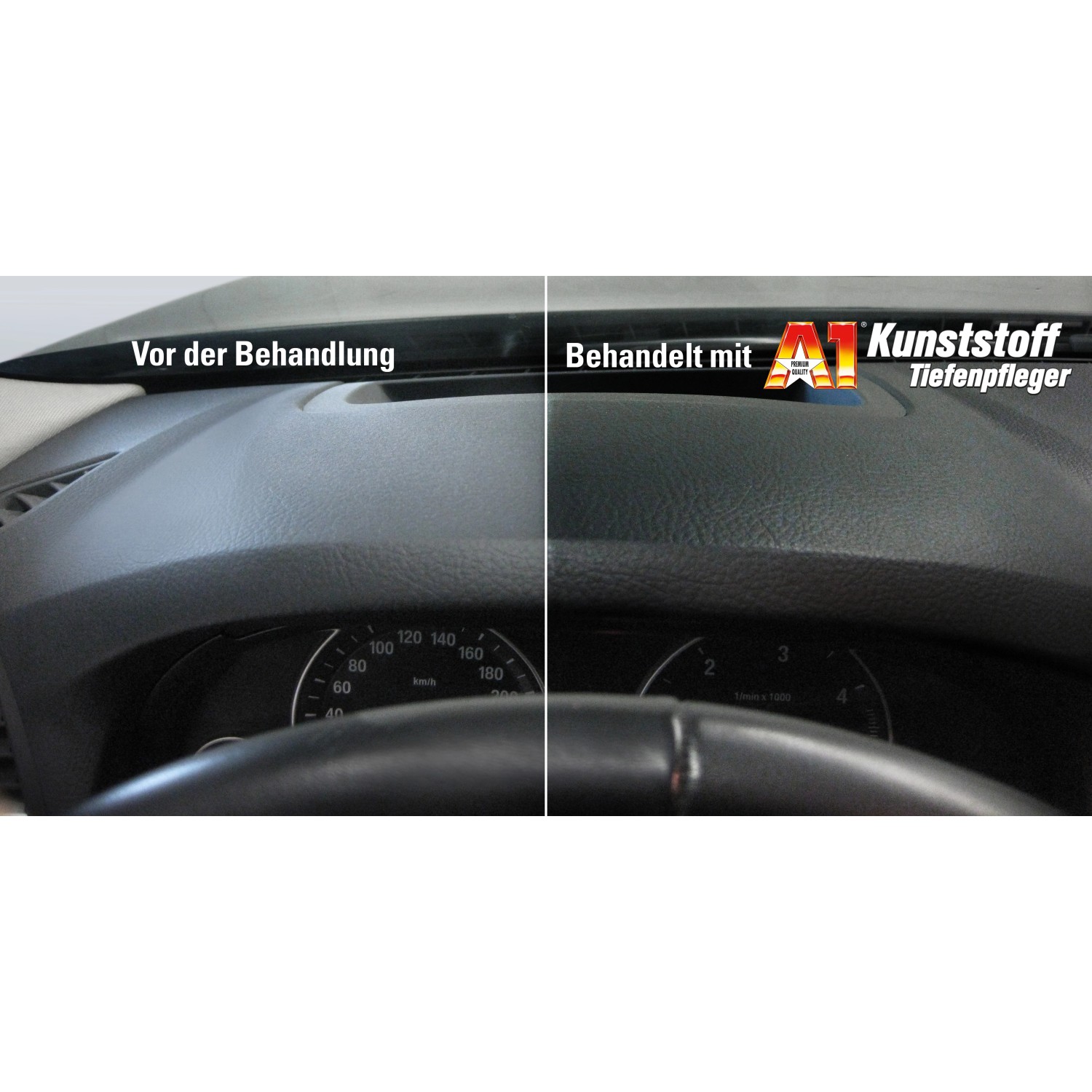 Vorher/Nachher: Cockpitpflege mit Dr. Wack A1 Kunststoff-Tiefenpfleger matt. Farbauffrischung & Schutz.