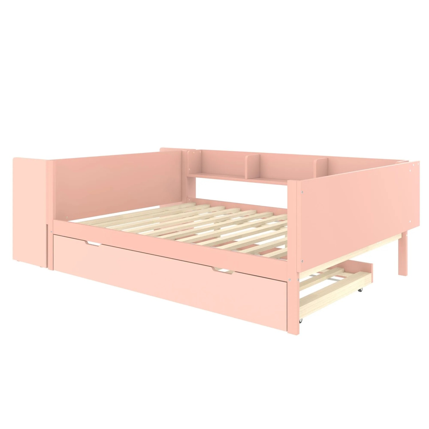 okwish Flachbett 140x200cm mit Schreibtisch und Rollbett Regalen Rosa ohne Matratze