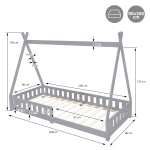 ML-Design Kinderbett Hellgrau 90x200 mit Matratze und Rausfallschutz, Hausbett mit Lattenrost.