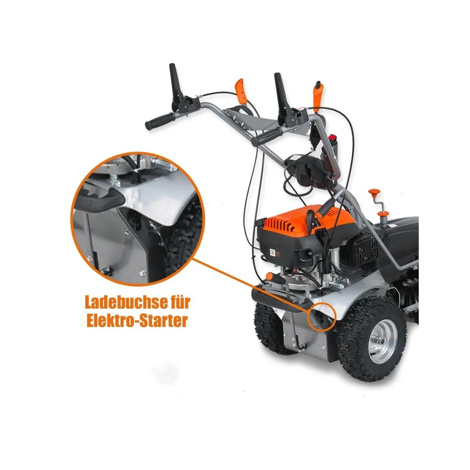 FUXTEC Kehrmaschine mit Elektro-Start: Ladebuchse im Detail. Robuste Benzin-Kehrmaschine, orange-silber.