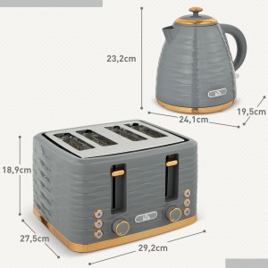 HOMCOM Wasserkocher und Toaster Set in Grau mit goldenen Akzenten und Maßangaben.