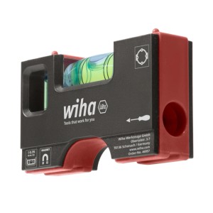 Kompakte Wiha Mini-Wasserwaage Pocket, schwarz-rot, mit Magnet und zwei Libellen für präzise Ausrichtung.