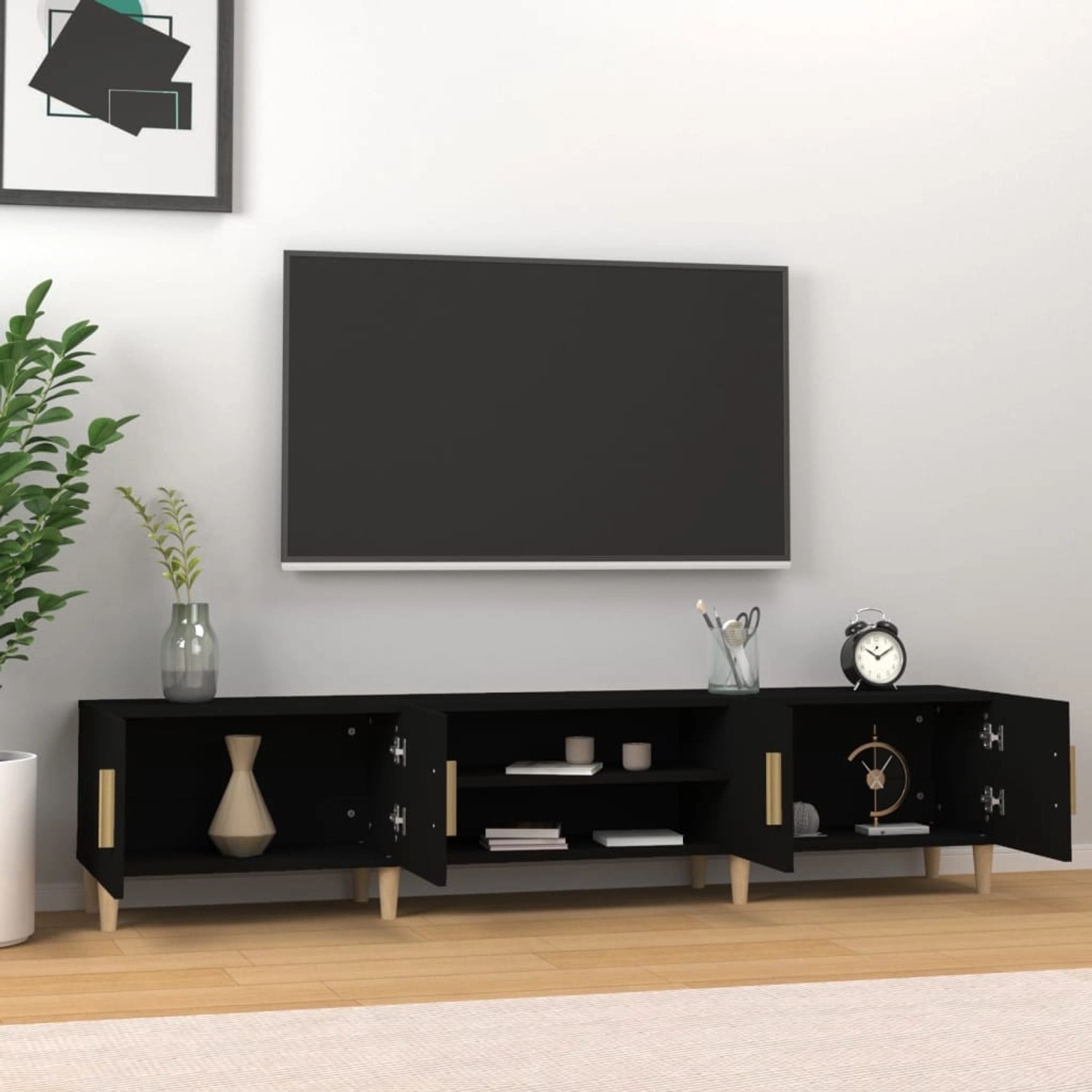 VidaXL TV-Schrank, schwarz, 180 cm breit, Holzwerkstoff, mit Fächern und Türen.