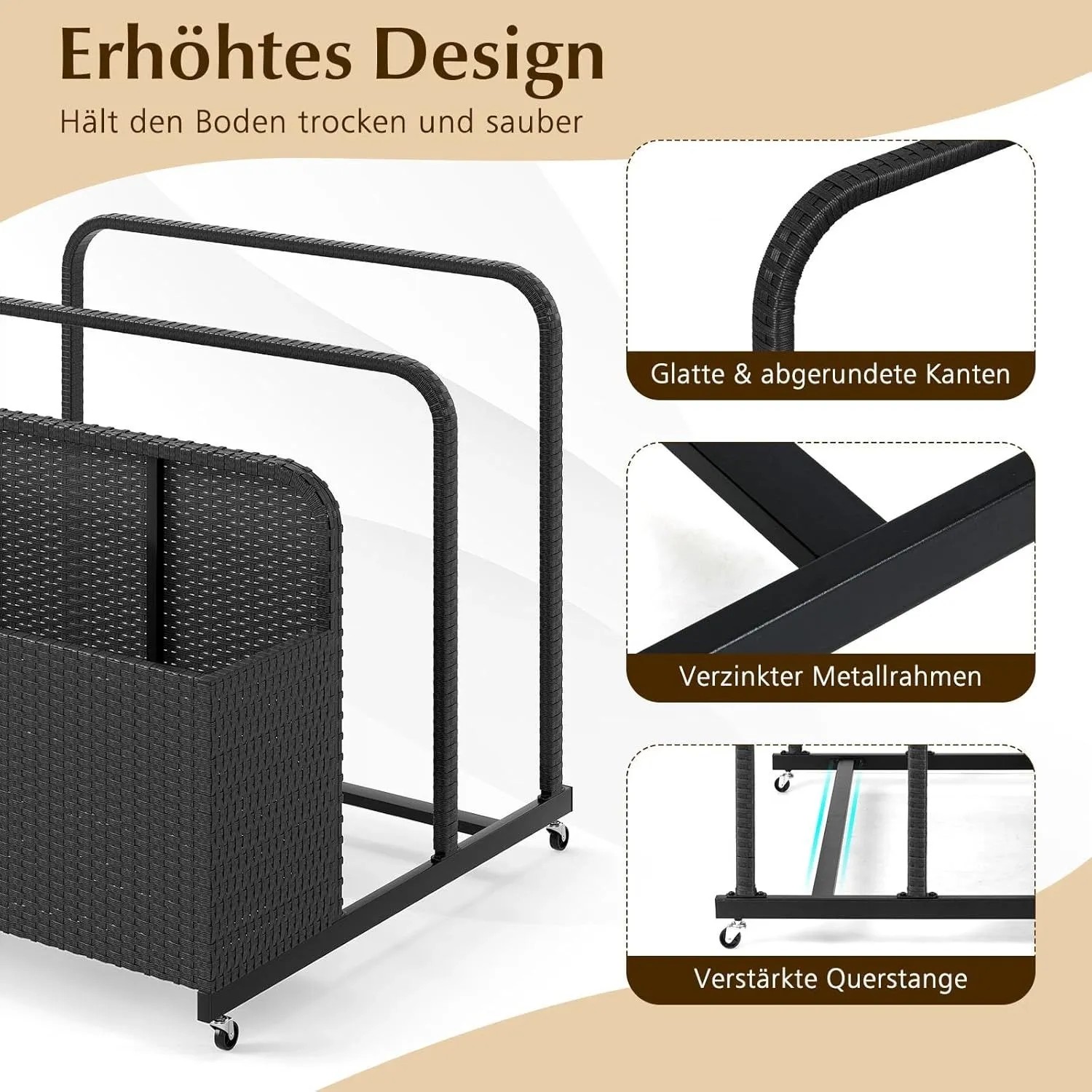 Costway Pool Aufbewahrungskorb mit Rollen Pe Rattan Schwarz_2